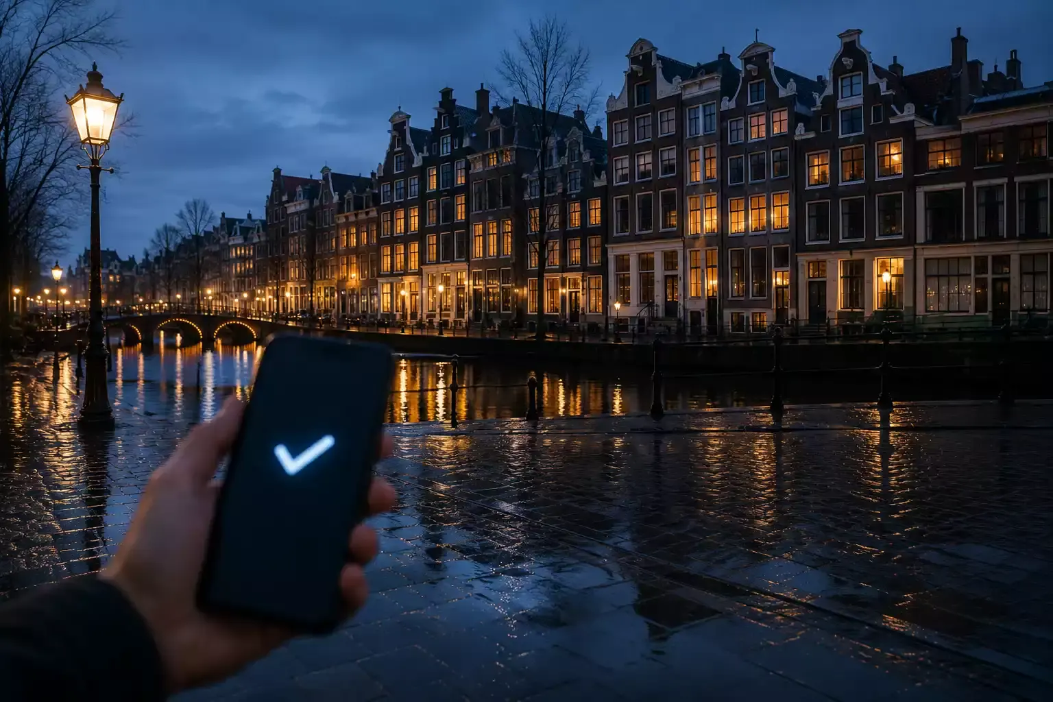 Directe bankbetaling vanuit Nederlandse stadsomgeving — symbolische weergave van Sofort en Klarna Pay Now